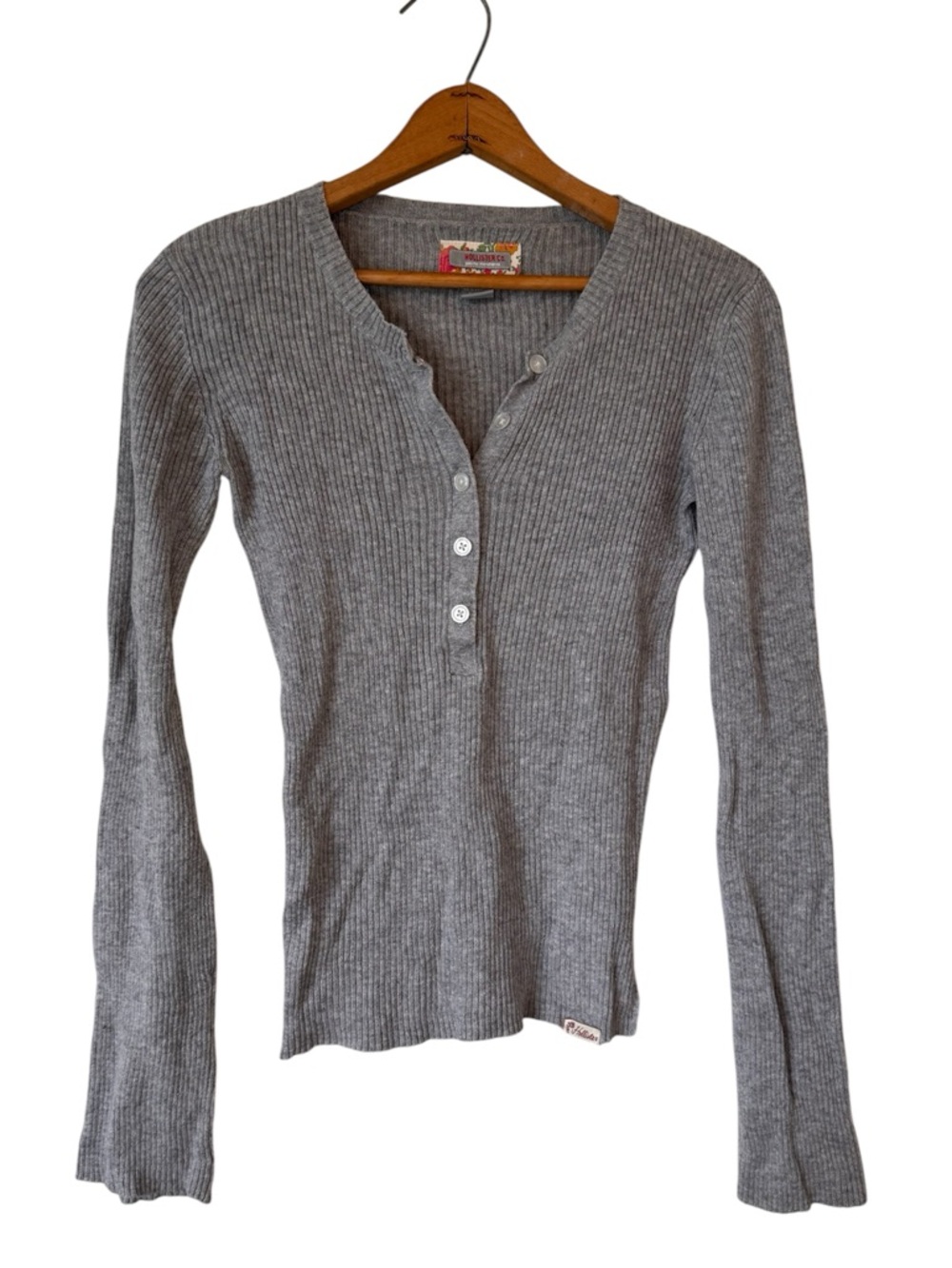 Vintage Y2K Hollister Ribbed Henley Top Gray Floral Trim Fitted Baby Tee